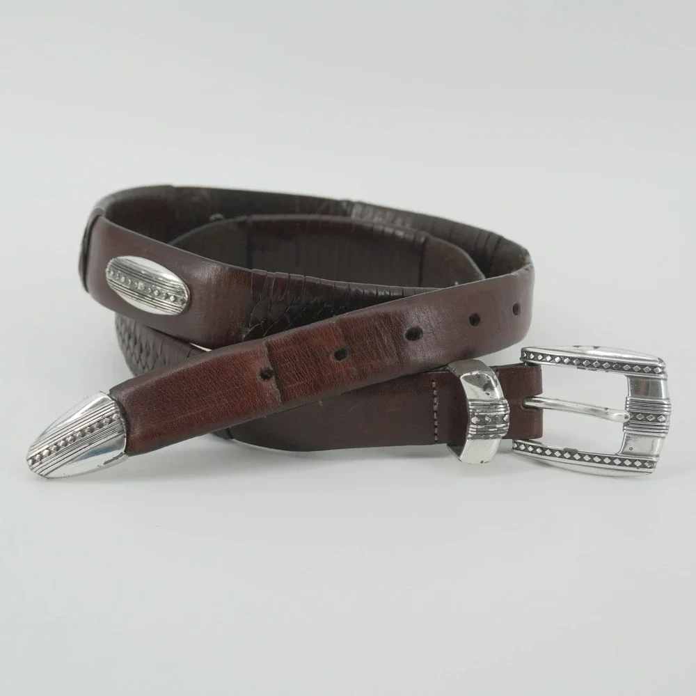 Brighton Leather Belt Mens 38 Brown Woven Western Silver Tone Concho 38057